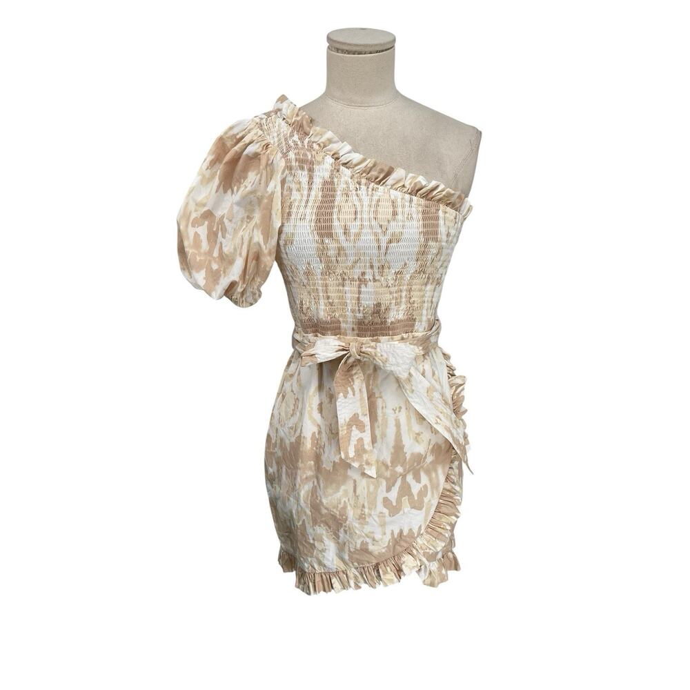 Cleobella One-Shoulder Mini Dress in Beige and White